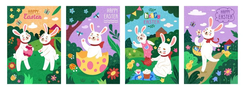 Easter. Picnic rabbit with eggs, funny chicken. Happy childish fairytale bunn イラスト素材