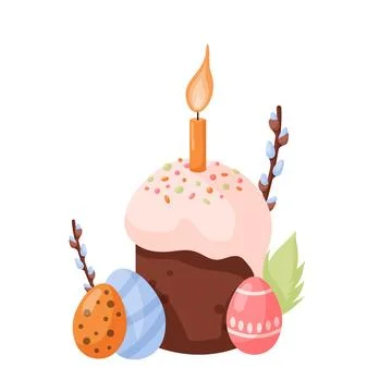 Easter pie with colorful eggs. Easter cake, eggs and willow twigs. Easter cake Stock Illustration