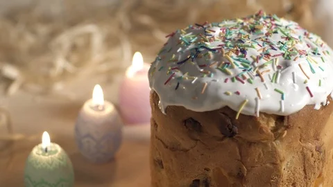 Easter Pie with icing  and decoration on a wooden table Stock Footage 87511288