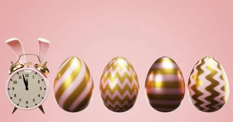 Easter. Pink alarm clock in rabbit ears and shiny eggs. 3d rendering Illustrazione stock