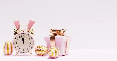 Easter. Pink alarm clock in rabbit ears shiny eggs gift box. 3d rendering Illustrazione stock