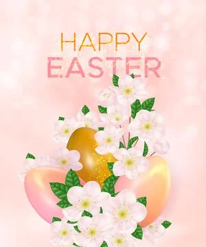 Easter pink background with realistic easter eggs and cherry blossoms Illustrazione stock