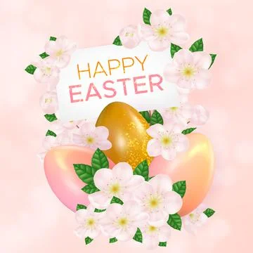 Easter pink background with realistic Easter eggs and cherry blossoms Stock Illustration