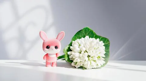 Easter pink bunny, rabbit with spring snowdrops Stock Photos
