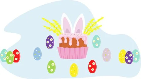 Easter pink cake with rabbit ears with eggs and icing on a blue background 스톡 일러스트
