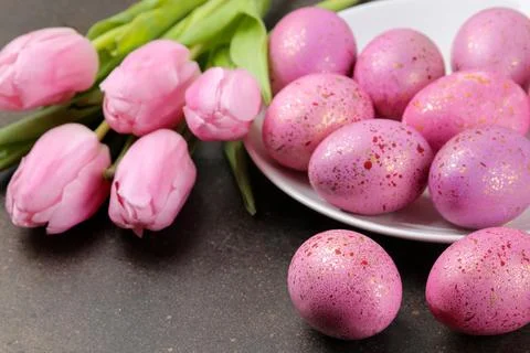 Easter. Pink Easter eggs and flowers tulips on a dark background. Happy easte Foto stock