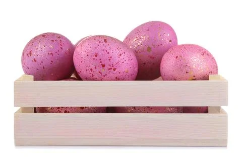 Easter. Pink Easter eggs in a box on a white isolated background. close-up. H Stock Photos