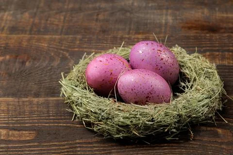 Easter. Pink easter eggs in a nest on a brown wooden table. Happy easter. hol Stock Photos