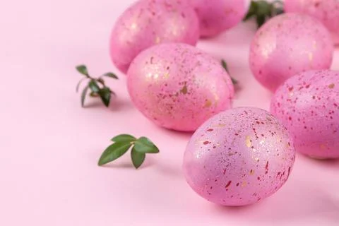 Easter. Pink Easter eggs on a trendy pink background. Happy easter. holidays. Stock Photos