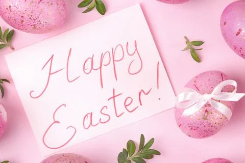 Easter. Pink Easter eggs on a trendy pink background. Happy easter. holidays. Stock Photos