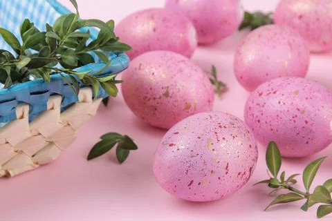 Easter. Pink Easter eggs on a trendy pink background. Happy easter. holidays. Stock Photos