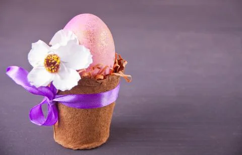 Easter pink egg in a pot on the black background Photos