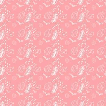 Easter pink pattern with eggs, birds and spring white flowers doodle Stock Illustration