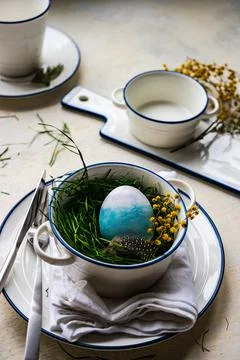 Easter place setting with an Easter egg, flowers and a feather Stock Photos