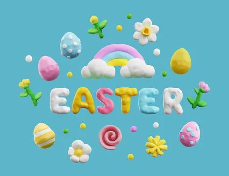 Easter plasticine composition with decorative eggs, flowers, clouds and rainbow Illustrazione stock