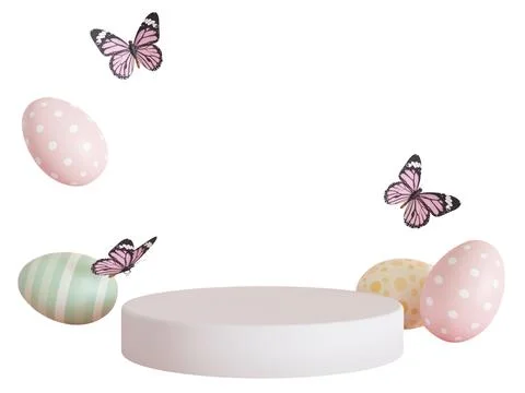 Easter podium features three colored eggs placed around it with butterflies.. Stock Photos