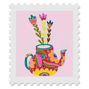 Easter postage stamp in folk art style - bright spring naive vector drawings, Stock Illustration