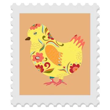 Easter postage stamp in folk art style - bright spring naive vector drawings, Stock Illustration