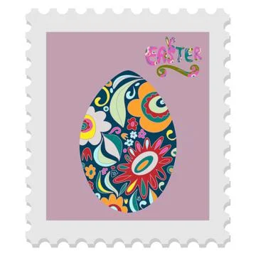 Easter postage stamp in folk art style - bright spring naive vector drawings, 스톡 일러스트