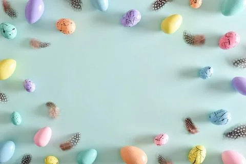 Easter postcard with bed-colored eggs with a copy of the place for the text. Stock Photos