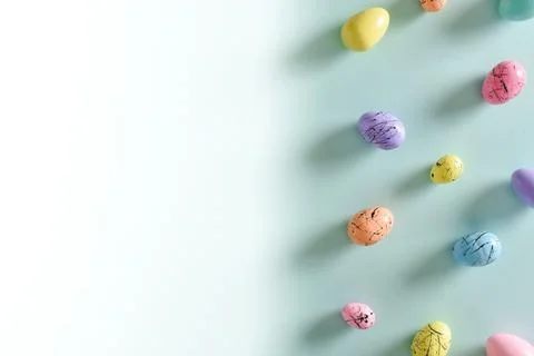 Easter postcard with bed-colored eggs with a copy of the place for the text. Stock Photos