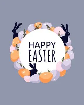 Easter Postcard on blue background. Easter wreath of orange, pink and purple Stock Illustration