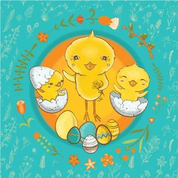 Easter postcard with cute chicks Stock Illustration