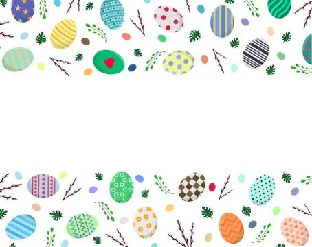Easter Postcard Template with Easter Eggs, Willow Branches, Monstera Leaves. Illustrazione stock