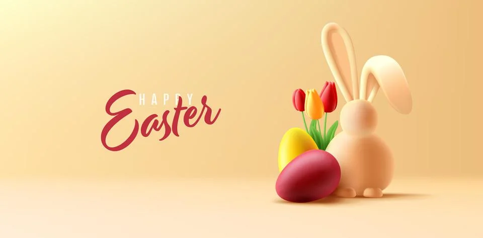 Easter poster with 3d render illustration of coloured eggs, easter bunny and Stock Illustration