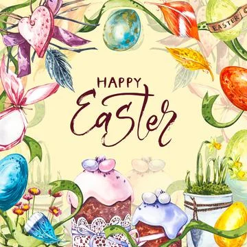 Easter poster and banner template with Easter eggs in the nest on light pastel Stock Illustration