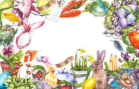 Easter poster and banner template with Easter eggs in the nest on light pastel Stock Illustration