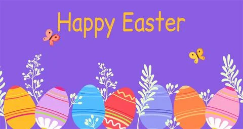 Easter poster and banner template with Easter colorful eggs on purple background Stock Illustration