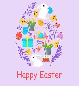 Easter poster and banner template with eggs in basket, cute bunny, pastries Stock Illustration