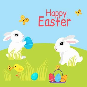 Easter poster and banner template with Easter eggs, cute bunny, pastries, gifts Stock Illustration