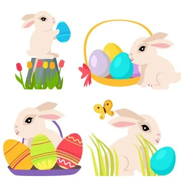 Easter poster and banner template with Easter eggs and cute bunny on white Illustrazione stock