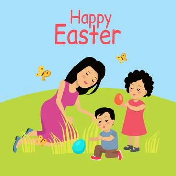 Easter poster and banner template with Easter eggs, family holidays, invitation Stock Illustration