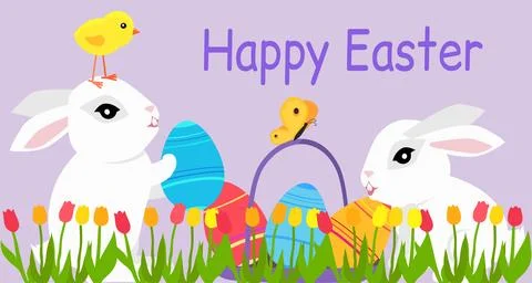 Easter poster and banner template with Easter eggs and cute bunny on purple Stock Illustration