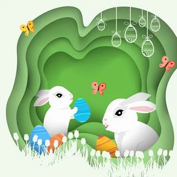 Easter poster and banner template with Easter eggs and cute bunny with tulips Stock Illustration