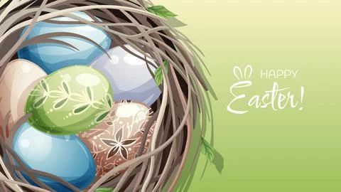 Easter poster and banner template with Easter eggs in a nest on a green bac.. Illustrazione stock