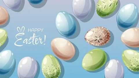 Easter poster and banner template with Easter eggs on a blue background. Sp.. Stock Illustration