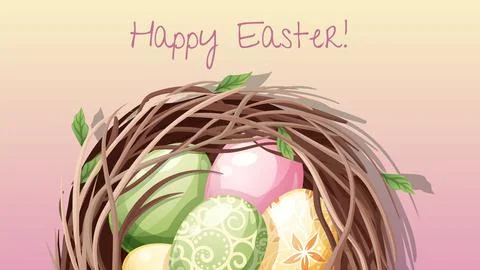 Easter poster and banner template with Easter eggs in a nest on a pink back.. 스톡 일러스트