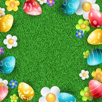 Easter poster banner square background. Colorful 3d eggs, daisy, chamomile fl Stock Illustration