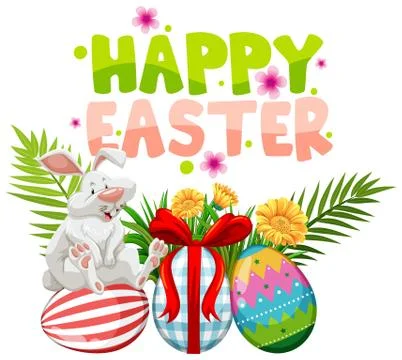 Easter poster design with white rabbit and painted eggs Stock Illustration