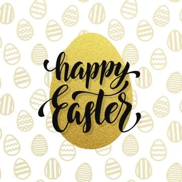 Easter poster gold egg with calligraphy and seamless pattern background Stock Illustration