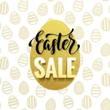 Easter poster gold egg with calligraphy and seamless pattern background Stock Illustration