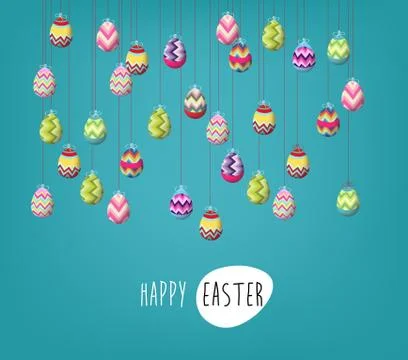 Easter poster. Hanging eggs on blue background with handwritten text Illustrazione stock