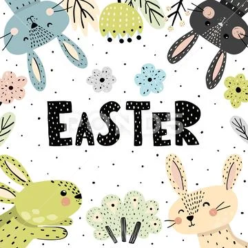 Easter Poster Or Card With Cute Bunnies