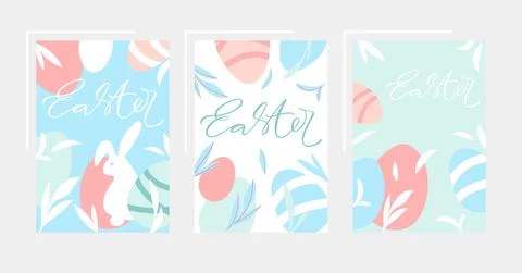Easter poster set with eggs, leaves  and rabbit. Happy Easter designs with le Illustrazione stock