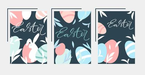 Easter poster set with eggs, leaves  and rabbit. Happy Easter designs with le Stock Illustration