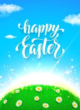 Easter poster. Spring vector illustration with grass, clouds and flowers Stock Illustration